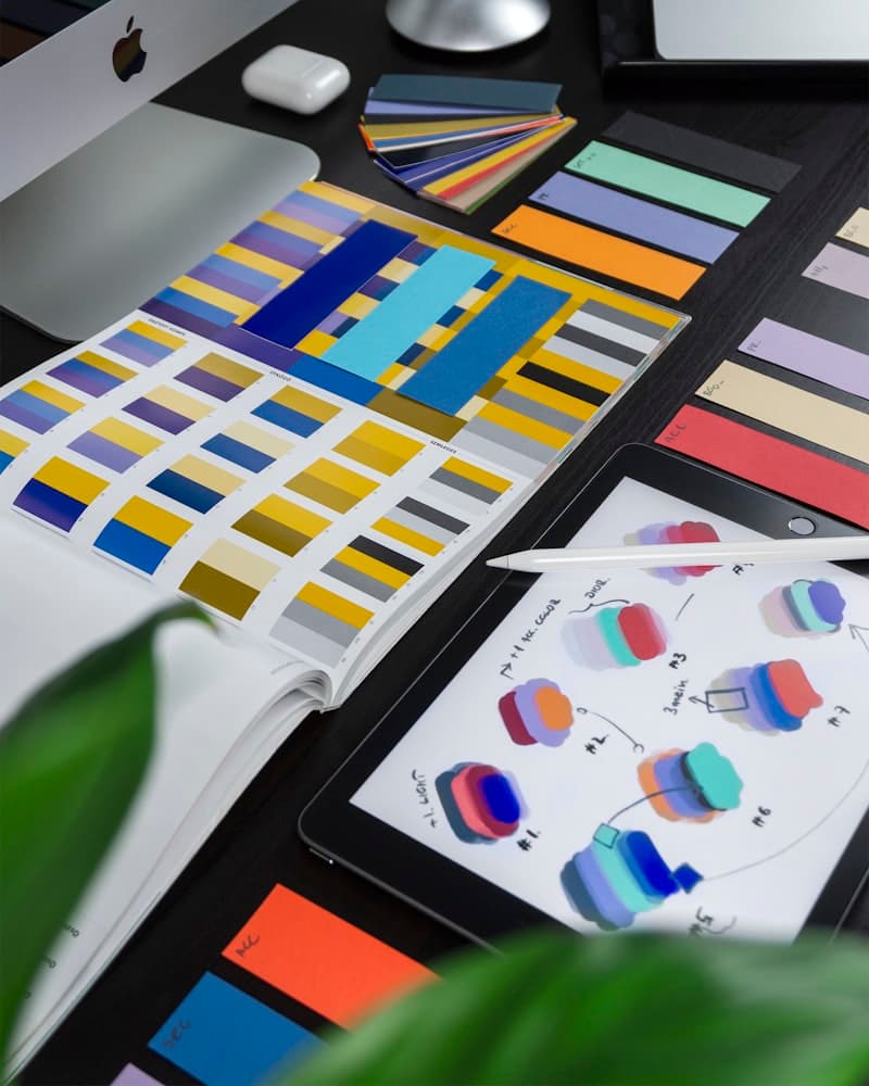 UI design mockups and color palette on a desk